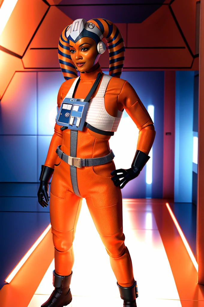 twilek in rebel pilot suit,orange skin,futuristic corridor,tech,space base
