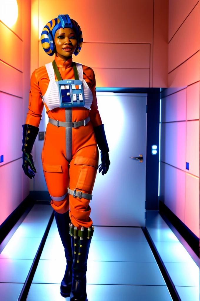 twilek in rebel pilot suit,orange skin,futuristic corridor,tech,space base
