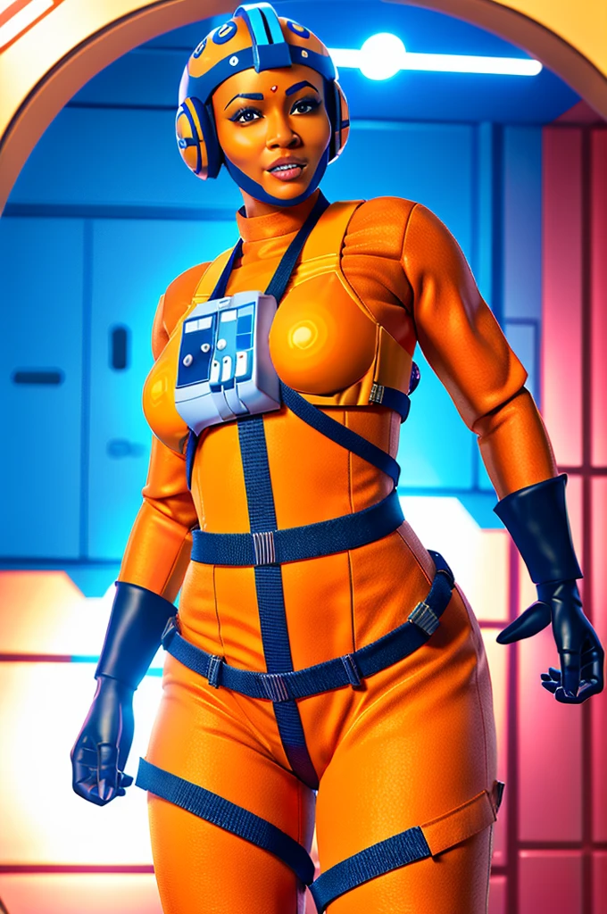 twilek in rebel pilot suit,orange skin,futuristic corridor,tech,space base
