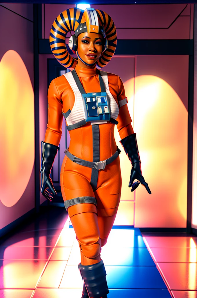 twilek in rebel pilot suit,orange skin,futuristic corridor,tech,space base
