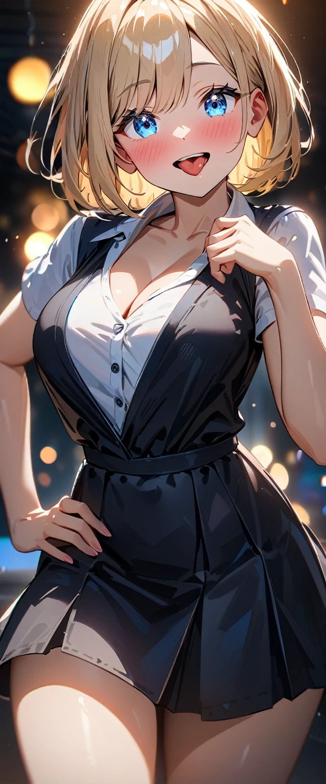 (((One girl))), blond hair, bob cut, (cowboy shot), (looking at viewer), breasts, teenager, head tilt:1.3, (((blue eye))), ((happy smile)), ((full face blush)), tongue out, open mouth, school summer uniform, white shirts, black skirt, cleavage, anime style, (best quality, 4k, 8k, highres, masterpiece:1.2, ultra-detailed, ultra-detailed eyes, HDR, UHD, studio lighting, ultra-fine painting, sharp focus, physically-based rendering, extreme detail description, professional, vivid colors, bokeh)