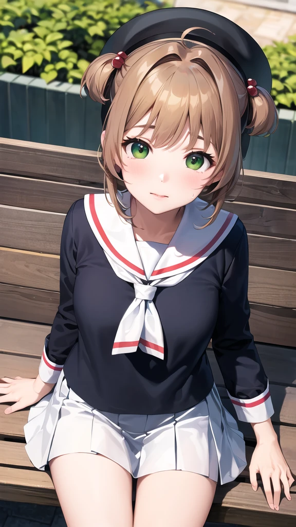 masterpiece, best quality, highres, kinomoto sakura, 1girl, brown hair, short hair, antenna hair, two side up, hair bobbles, green eyes, , white sailor collar, black shirt, long sleeves, white skirt, pleated skirt, sitting, eating, outdoors, bench, food, leaf, (masterpiece, best quality: 1.2),(very detailed face, real image, realistic skin, realistic body, intricate details),1 woman, Kinomoto Sakura, brown hair, alone, skirt, green eyes, Short hair, have, white skirt, white hat, Magic Girl, Antenna hair, laugh, serafuku, pleated skirt, dehisce, looking at viewer, cowboy shot, long sleeves, star (symbol), muffler, lie down in bed with both arms extended above the head and placed behind the pillow, anime girl lying down, expose plump breasts, whole body, plump thighs, Natural Pose, beautifully, cute, Fix errors without any awkwardness, tall, I have long legs, Wearing (tomoeda_초등school_school_Uniform),black top, tennis mini skirt,cry in shame, wearing white ankle socks, random sexy poses