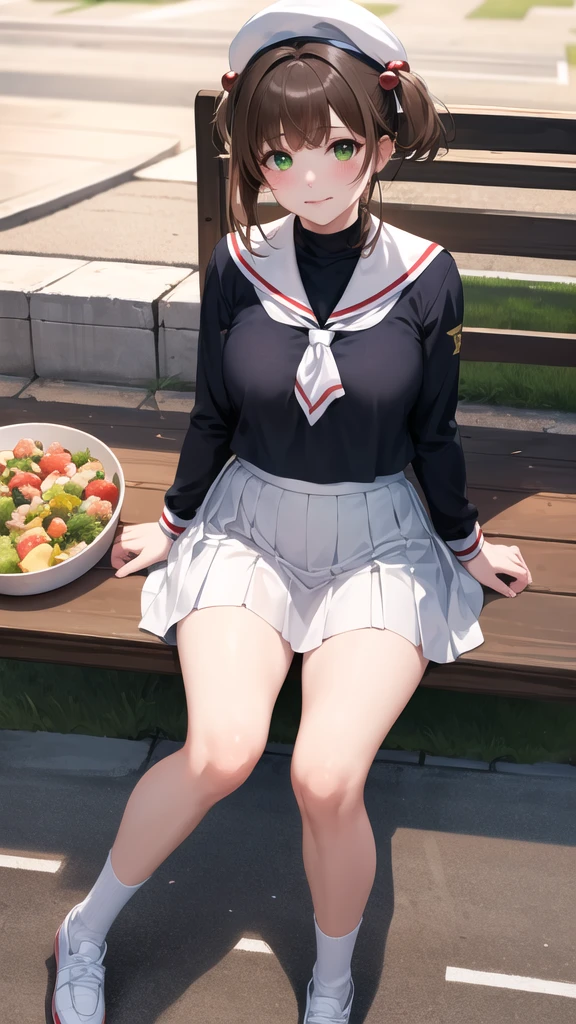 masterpiece, best quality, highres, kinomoto sakura, 1girl, brown hair, short hair, antenna hair, two side up, hair bobbles, green eyes, , white sailor collar, black shirt, long sleeves, white skirt, pleated skirt, sitting, eating, outdoors, bench, food, leaf, (masterpiece, best quality: 1.2),(very detailed face, real image, realistic skin, realistic body, intricate details),1 woman, Kinomoto Sakura, brown hair, alone, skirt, green eyes, Short hair, have, white skirt, white hat, Magic Girl, Antenna hair, laugh, serafuku, pleated skirt, dehisce, looking at viewer, cowboy shot, long sleeves, star (symbol), muffler, lie down in bed with both arms extended above the head and placed behind the pillow, anime girl lying down, expose plump breasts, whole body, plump thighs, Natural Pose, beautifully, cute, Fix errors without any awkwardness, tall, I have long legs, Wearing (tomoeda_초등school_school_Uniform),black top, tennis mini skirt,cry in shame, wearing white ankle socks, random sexy poses