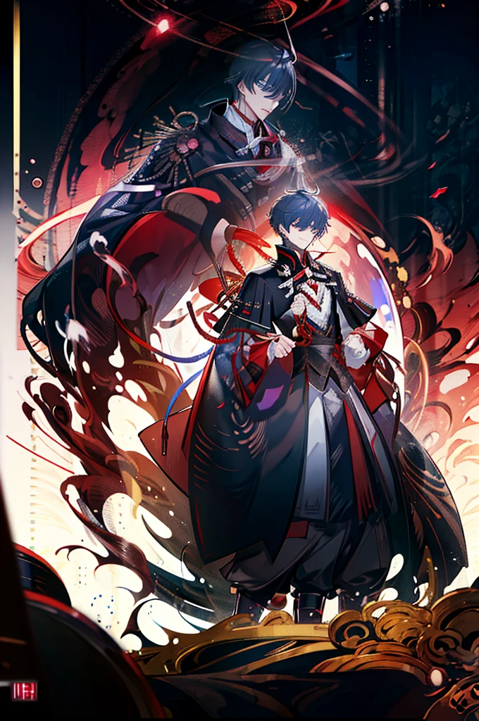 A handsome man with a purple short messy hair, gleaming red eyes, wearing a white shirt with a black and red cape with samurai metal plates and details, red strings, hood and bows, black pants, red moon background, menacing bright red electricity aura, menacing gaze and sinister hysterical evil smile (best quality, full HD, best illumination, realism, visual effects, blur, motion blur)