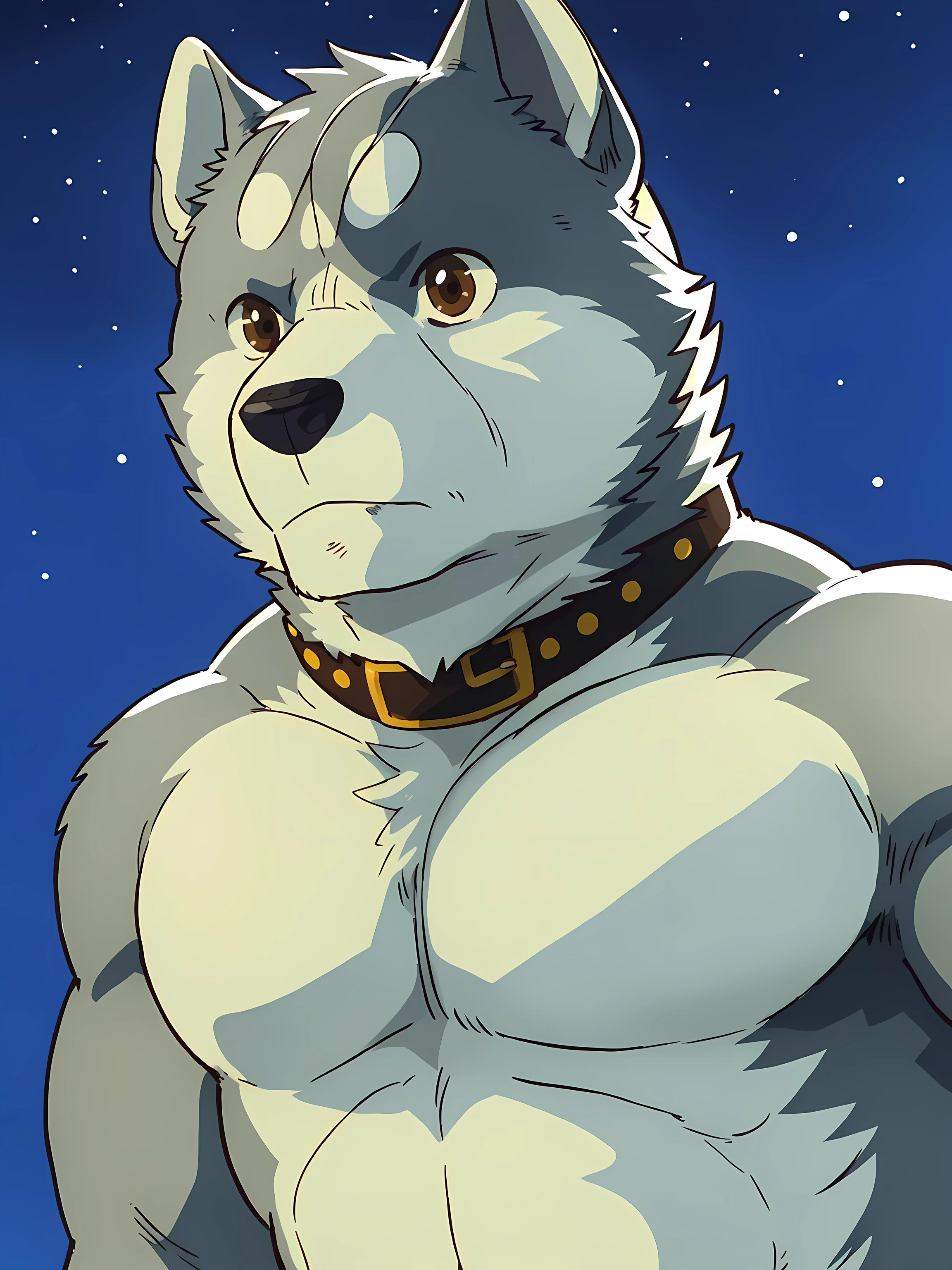 gin (ginga), black collar, dog, brown eyes, glinting eyes, detailed eyes, detailed collar, young, male, anthro body, half, pectorals:1.0, detailed, high quality, best resolution, solo, night background, by seibear, by rossciaco, by wfa, cel shaded, 