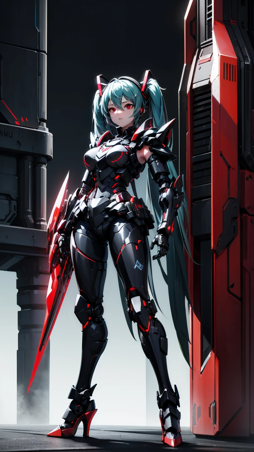 Hatsune Miku VOCALOID, whole body, ((Red and black body armor)), Big Breasts, High heels,cyber punk, Red Eyes、Heavy Armor
