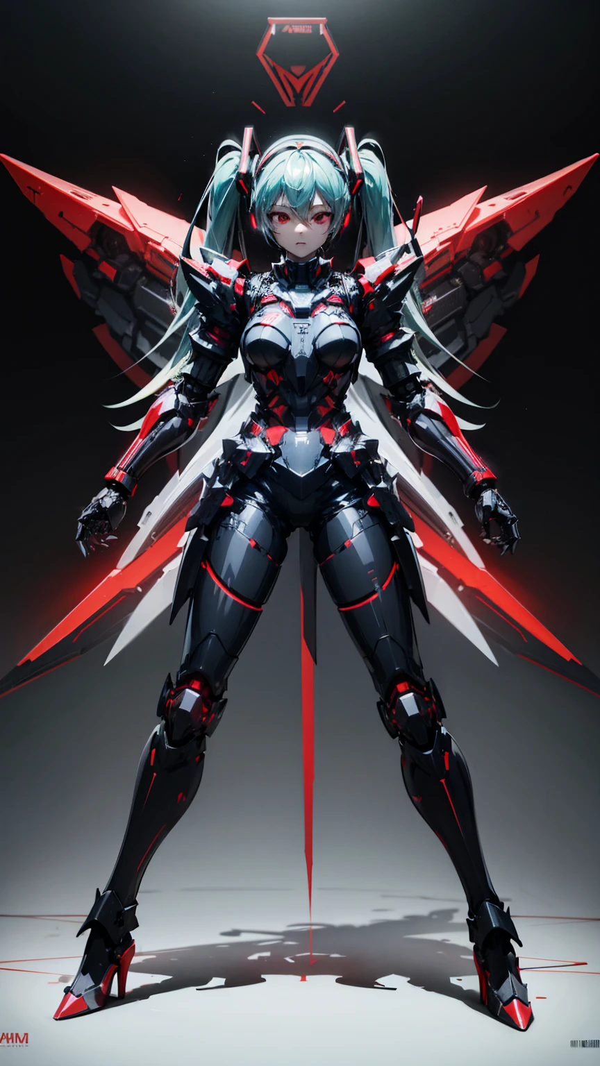 Hatsune Miku VOCALOID, whole body, ((Red and black body armor)), Big Breasts, High heels,cyber punk, Red Eyes、Heavy Armor