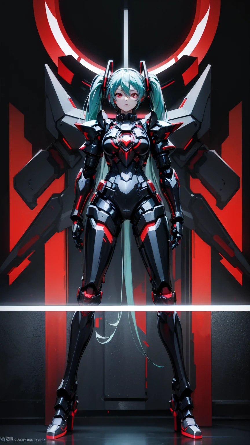 Hatsune Miku VOCALOID, whole body, ((Red and black body armor)), Big Breasts, High heels,cyber punk, Red Eyes、Heavy Armor