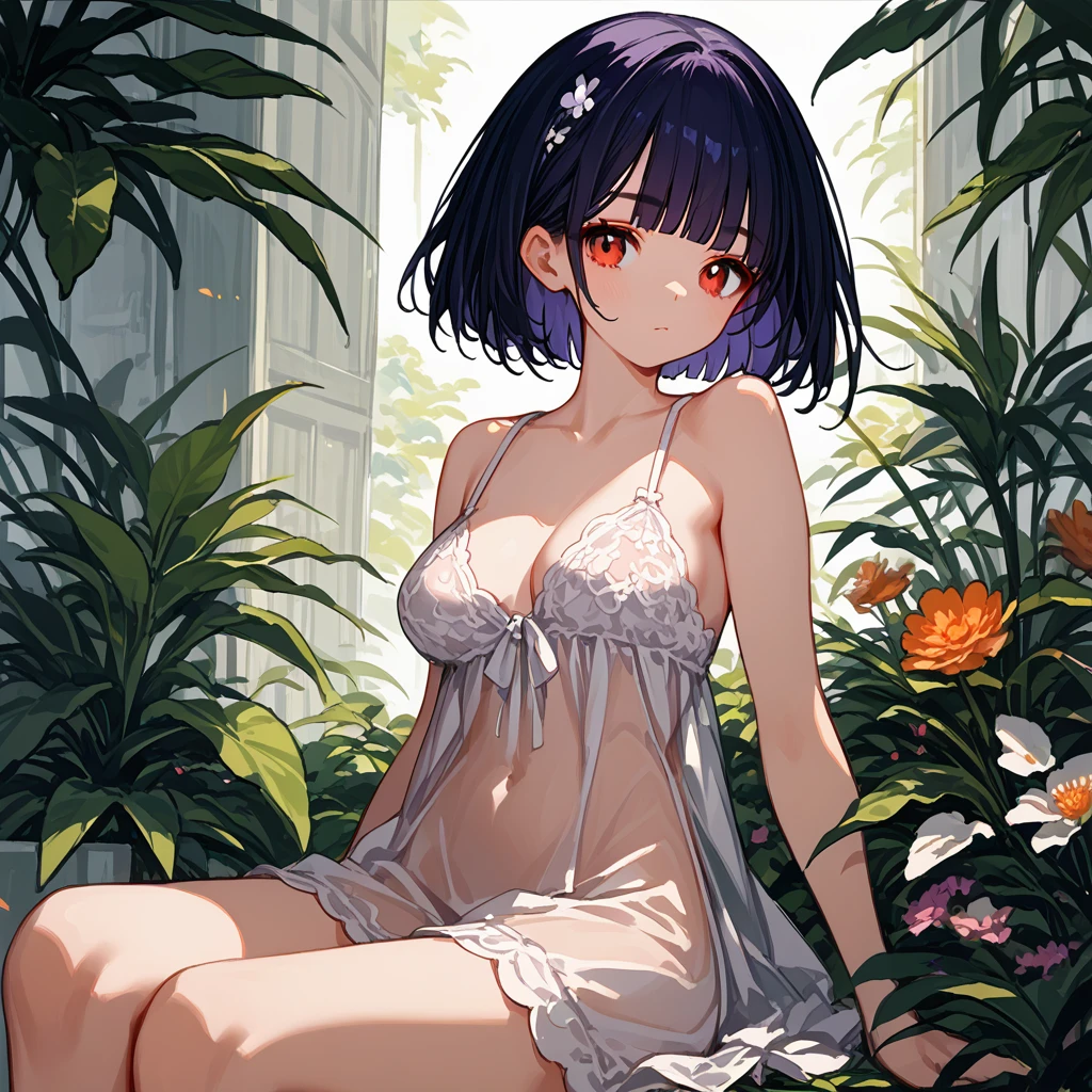 score_9,score_8_up,score_7_up,score_6_up,score_5_up,score_4_up, source_anime,1girl,solo,blunt-bangs,19 years old,short-hair,large_breasts,black-hair,red-eyes, A light purple see-through doll. The shoulder straps are white with white lace trim and embroidery. bare_shoulders,bare_arms,bare_legs,