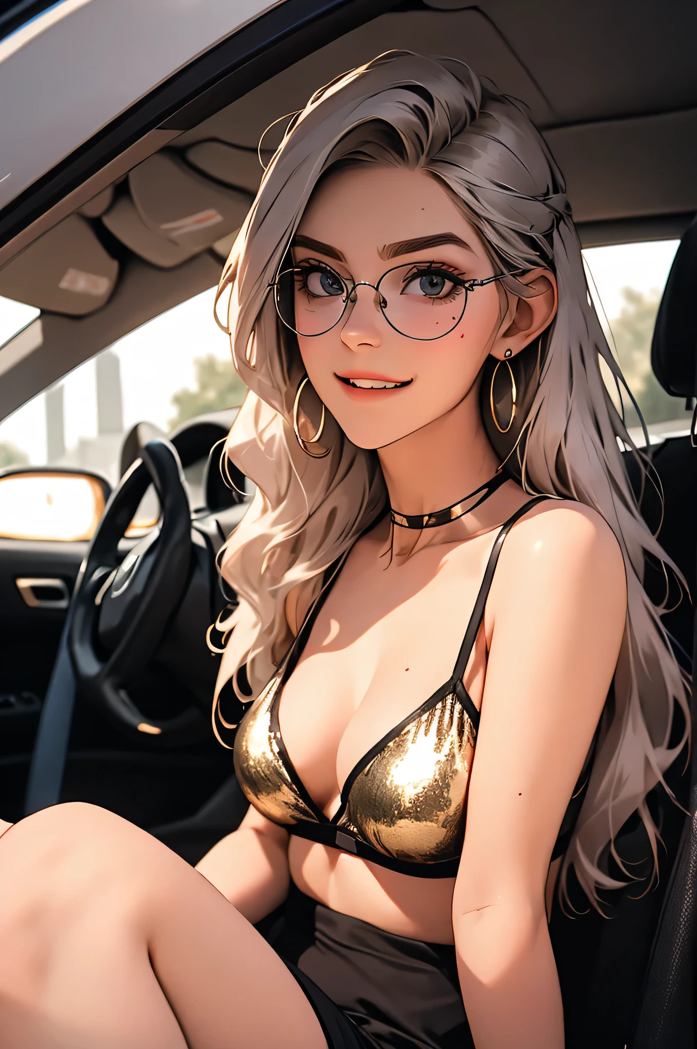 tmasterpiece,(tmasterpiece,top-quality,best qualityer),1girll, jewely,耳Nipple Ring,choker necklace,bangle, hoop earings, circle glasses,sun glasses, Long hair and long meat, Blonde hair,Black color hair,Silvery-white hair,Maroon hair, solo, ssmile, looking at viewert, motorvehicle,The Car, Sports cars,groundvehicle, Sat down, exteriors, daysies, nedium breasts,Open navel, dark skinned female, floral patterns, grinning smile,collars,Laser cloth,Sexy bikini,laser,holy rays,gold foil,Gold leaf art,glitter drawing,Correct anatomy,Detailed face, Detailed eyes,Chest exposed,