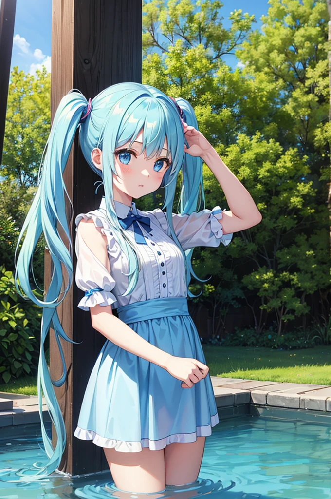 draw water from a well、Light blue long hair、Beautiful girl with twin tails