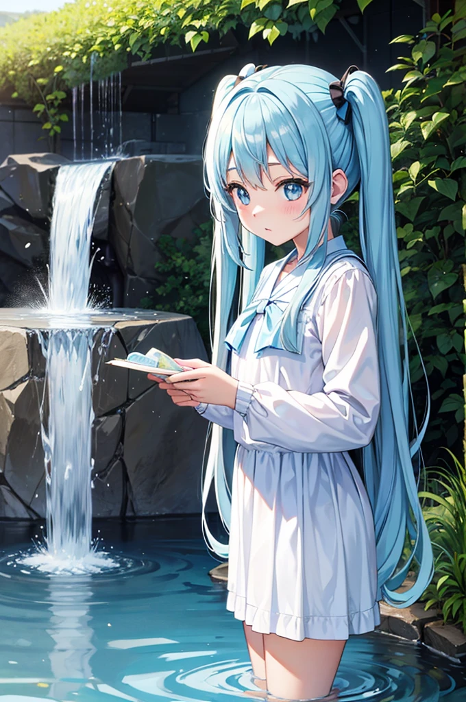 draw water from a well、Light blue long hair、Beautiful girl with twin tails