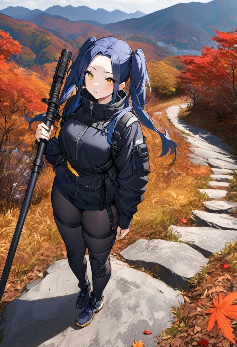 (One very tall woman,Navy Blue Hair,Her hairstyle is twin tails that expose her forehead.,Medium chest,yellow eyes)Woman holding a Japanese spear in one hand,Techwear,The background is a hiking trail with autumn leaves on the mountain