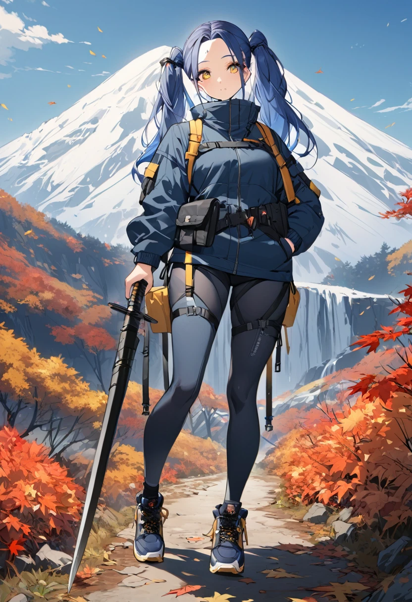 (One very tall woman,Navy Blue Hair,Her hairstyle is twin tails that expose her forehead.,Medium chest,yellow eyes)Woman holding a Japanese spear in one hand,Techwear,The background is a hiking trail with autumn leaves on the mountain