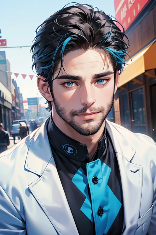 a handsome 35 year old man, 3 day beard, dark hair, sharp jawline, mesmerizing blue eyes, perfectly styled hair, wearing cool anime outfit, confident expression, vibrant colors, dynamic lighting, CEO, expression, smile in love, (best quality,4k,8k,highres,masterpiece:1.2),ultra-detailed,(realistic,photorealistic,photo-realistic:1.37)