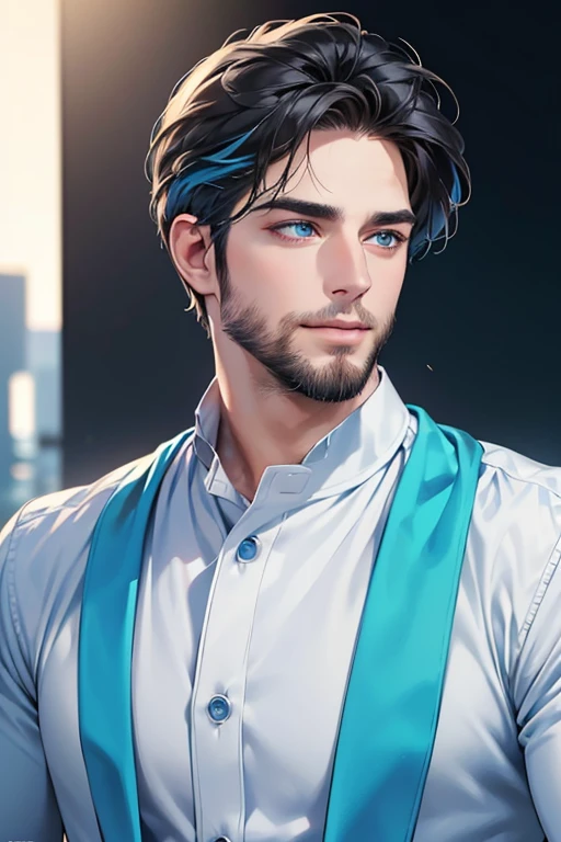 a handsome 35 year old man, 3 day beard, dark hair, sharp jawline, mesmerizing blue eyes, perfectly styled hair, wearing cool anime outfit, confident expression, vibrant colors, dynamic lighting, CEO, expression, smile in love, (best quality,4k,8k,highres,masterpiece:1.2),ultra-detailed,(realistic,photorealistic,photo-realistic:1.37)