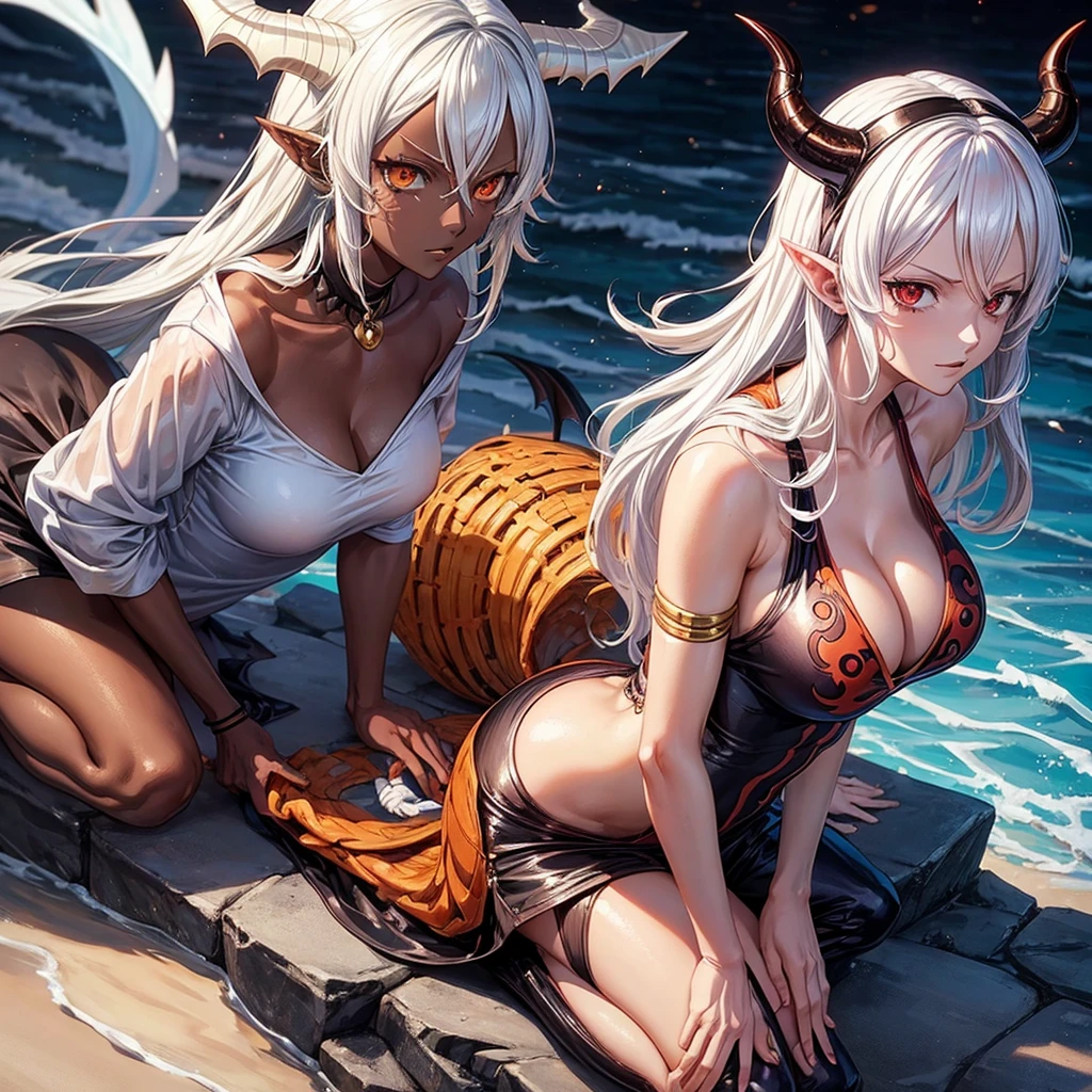 Nami(one piece),dark skin,white hair,demon ears,demon wings,demon tails,demon horns,sexy,milf,sharingan eyes