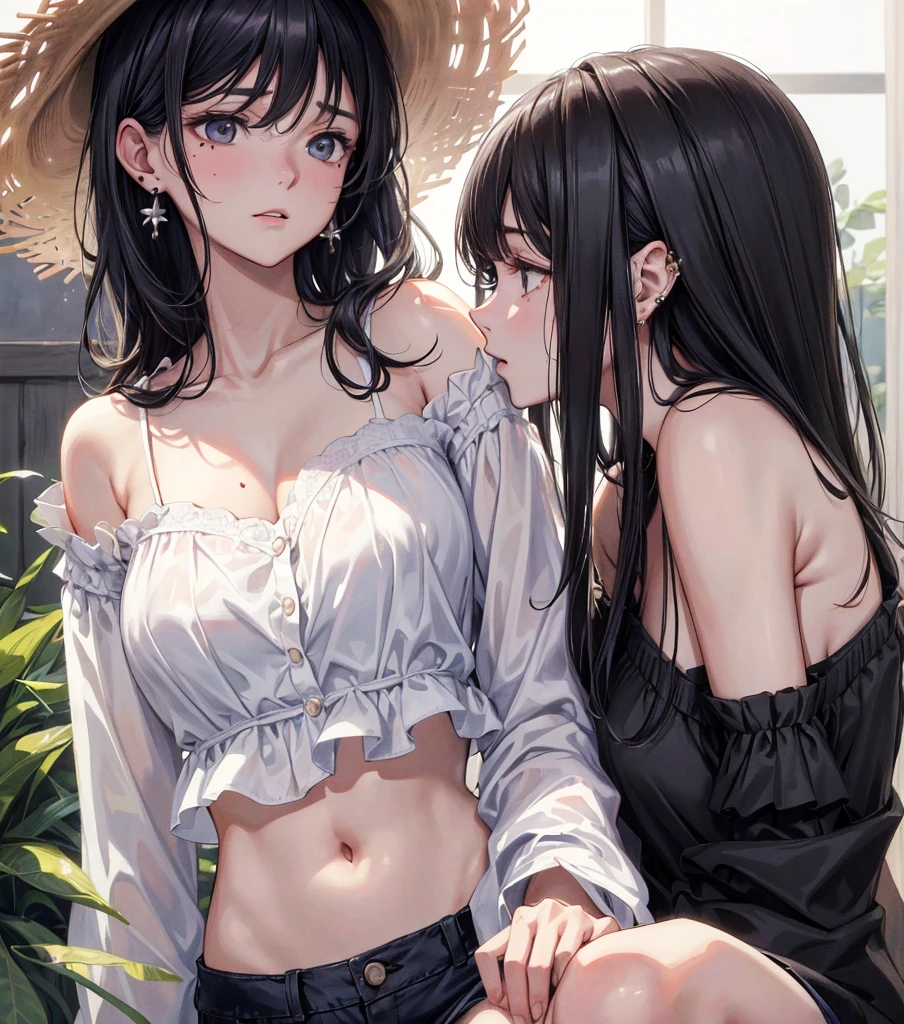 ((((absurdres, RAW photo, extremely delicate and beautiful, masterpiece, Best Quality, ultra high resolution, 32k, hyperrealistic, ultra-detailed)))), in her 20s, very Slim body, narrow waist, very small head, very small face, delicate features, beautiful face, beautiful eyes, ((very huge round tits)), medium hair, black hair, wavy hair, tearful mole, earring, whole body shot, casual, blouse, white shirt, buttoned shirt, bare shoulders, collarbone, midriff, navel, shorts, straw hat,
