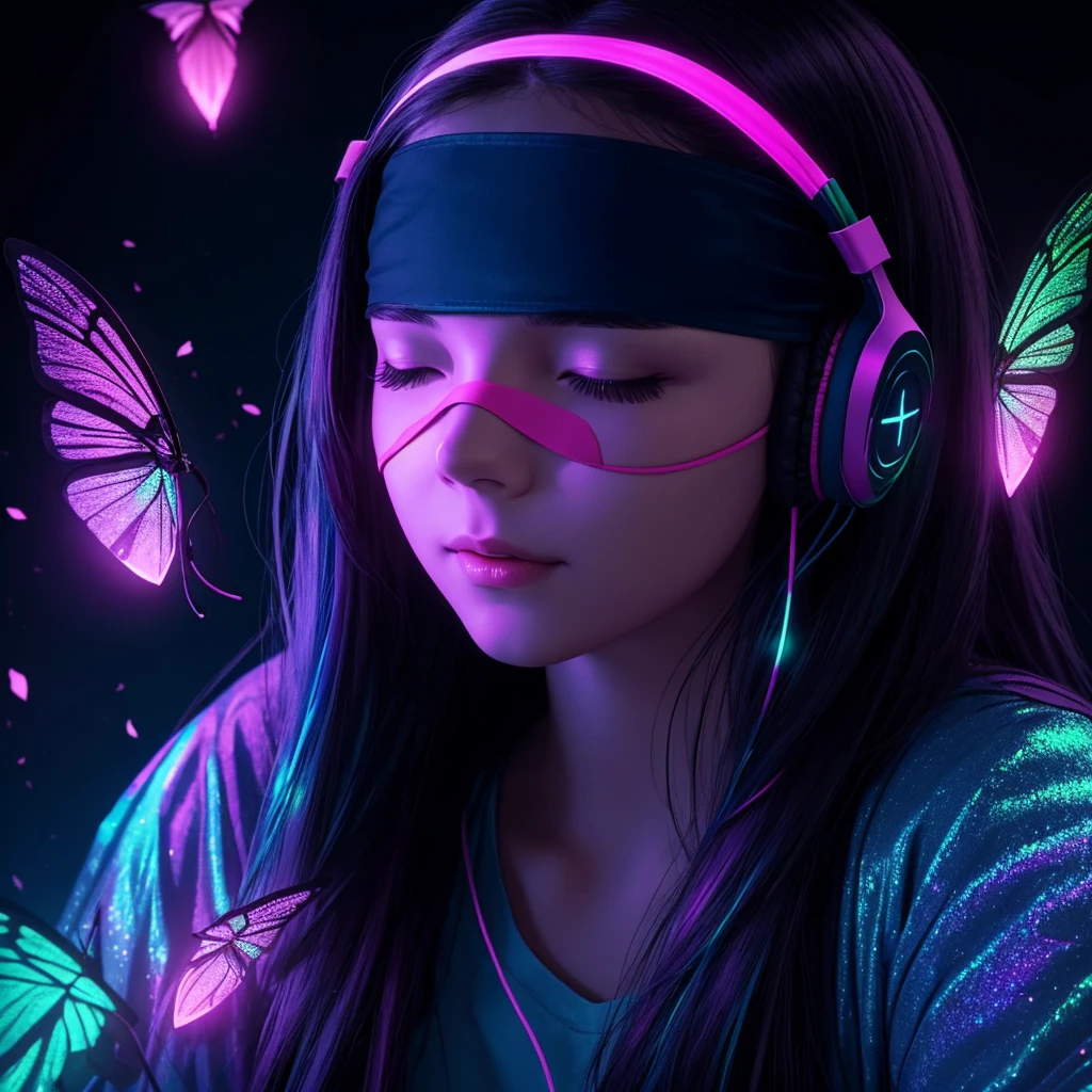 blindfolded young woman wearing headphones, glowing iridescent colors, moths resting on blindfold, only face in frame