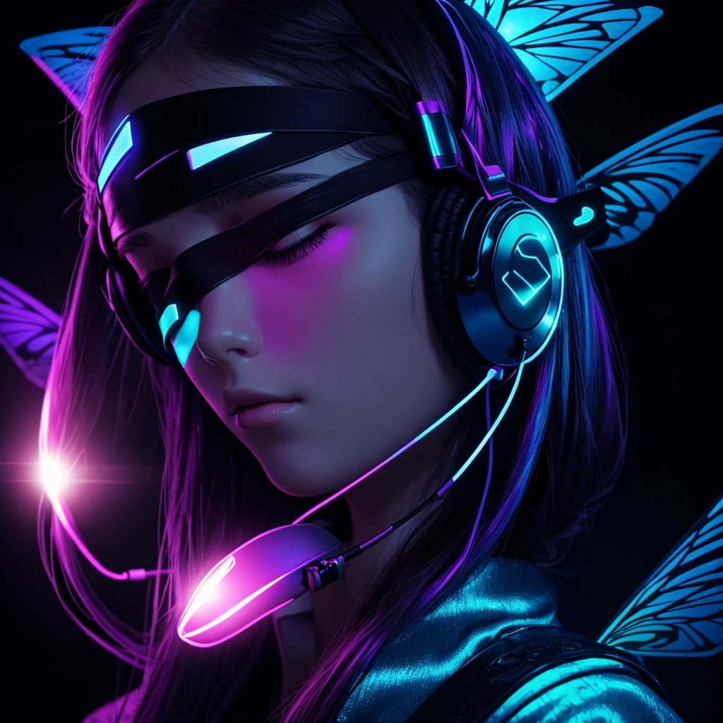 blindfolded young woman wearing headphones, glowing iridescent colors, moths resting on blindfold, only face in frame, thick fabric blindfold covering eyes