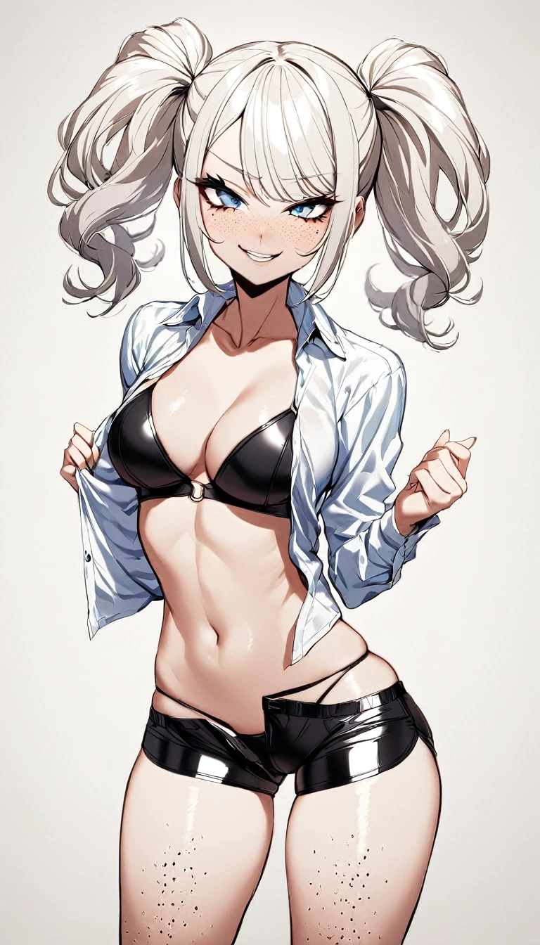 1 Girl, String Panties, Open Button Up Shirt, Medium Breasts, Booty Shorts, Blue Eyes, Platinum White Hair, Twin Tail Hair Style, Pale White Skin, Smooth Skin, Face Freckles, Leather Straps on Thighs, Nice Cleavage, Slutty, Sexy, Sassy, Smirking, Tease, Teasing,