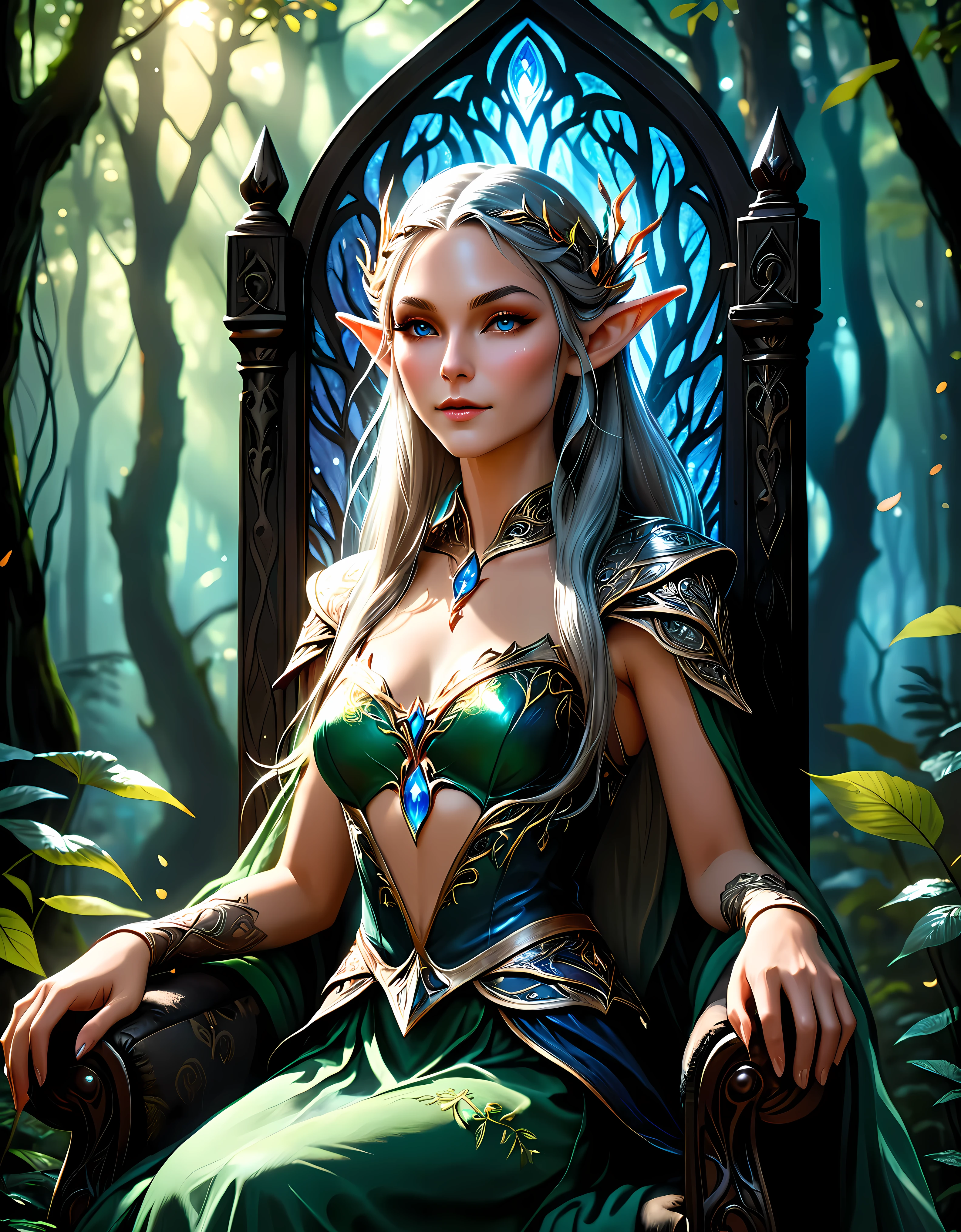 ((Masterpiece in maximum 16K resolution):1.6),((soft_color_photograpy:)1.5), ((Ultra-Detailed):1.4),((Movie-like still images and dynamic angles):1.3) | ((double contact):1.3), ((Majestic Elven Queen Throne silhoutte effect):1.2), ((Superimposed on Pretty Fresh Female Elven):1.1)《dark forest sky》Oil and ink on canvas, fine dark art, super dramatic light, photoillustration, amazing depth, the ultra-detailed, iridescent black, superfluous dreams, intricately details, amazing depth, Amazing atmosphere, Mesmerizing whimsical vibrant landscapes, ((Female Elven Beauty in A Forest Throne):1.5), Maximalism ((beautiful outside, Ugly inside, pressure and pain, beauty and despair, hard and soft, positive and negative, hot and cold, Sweet and sour, Vibrant but boring, Perfect harmony, light and shadows, old and young, Black and white, Corresponding color, loud and quiet, Chaos and peace, life and death):1.2) The complex masterpiece of a real-time engineering leader. | Rendered in ultra-high definition with UHD and retina quality, this masterpiece ensures anatomical correctness and textured skin with super detail. With a focus on high quality and accuracy, this award-winning portrayal captures every nuance in stunning 16k resolution, immersing viewers in its lifelike depiction. | ((perfect_composition, perfect_design, perfect_layout, perfect_detail, ultra_detailed)), ((enhance_all, fix_everything)), More Detail, Enhance.