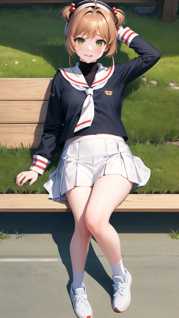 masterpiece, best quality, highres, kinomoto sakura, 1girl, brown hair, short hair, antenna hair, two side up, hair bobbles, green eyes, , white sailor collar, black shirt, long sleeves, white skirt, pleated skirt, sitting, eating, outdoors, bench, food, leaf, (masterpiece, best quality: 1.2),(very detailed face, real image, realistic skin, realistic body, intricate details),1 woman, Kinomoto Sakura, brown hair, alone, skirt, green eyes, Short hair, have, white skirt, white hat, Magic Girl, Antenna hair, laugh, serafuku, pleated skirt, dehisce, looking at viewer, cowboy shot, long sleeves, star (symbol), muffler, lie down in bed with both arms extended above the head and placed behind the pillow, anime girl lying down, expose plump breasts, whole body, plump thighs, Natural Pose, beautifully, cute, Fix errors without any awkwardness, tall, I have long legs, Wearing (tomoeda_초등school_school_Uniform),black top, tennis mini skirt,cry in shame, wearing white ankle socks, random sexy poses