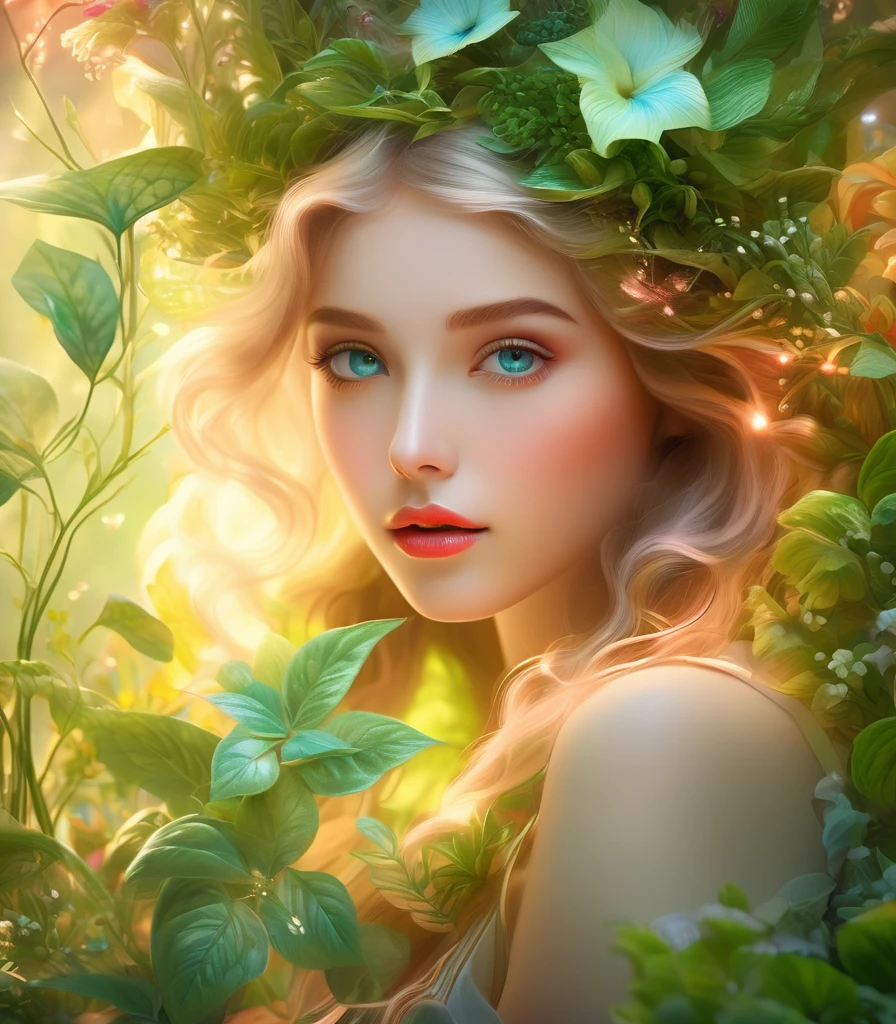 (girl-plant hybrid:1.42), beautiful detailed eyes, detailed lips, flowing green vines, blooming flowers, lush garden landscape, ethereal beauty, delicate features, vibrant colors, mystical atmosphere, magical transformation, charm of nature, portrait dreamy scenery, soft natural light, surreal composition, harmonious fusion, organic textures, botanical elements, elegant pose, serene expression, radiant energy, otherworldly charm, evokes a sense of wonder, imaginative creation, whimsical interpretation, vibrant foliage, patterns Fascinating botanicals, delicate petals, enchanted forest, ethereal glow, transcendent beauty, ethereal vision, surreal harmony, captivating botanical creature. (best quality, 4k, 8k, high resolution, masterpiece: 1.2), ultra detailed, (realistic, photorealistic, photorealistic: 1.37), vivid colors, bokeh