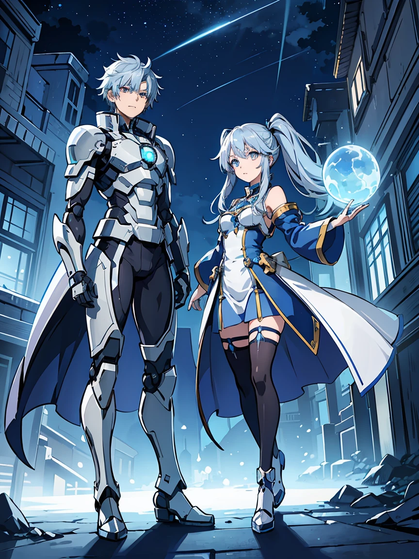 Anime, 2 Characters, 1 Anime Girl, Silver Blue Hair, blue glowing star-shaped eyes, 1 Puppet, metallic, tall, Robot, Fantasy, Lights, outdated, old style, bronze silver and blue, Nature, Biomes with mountains