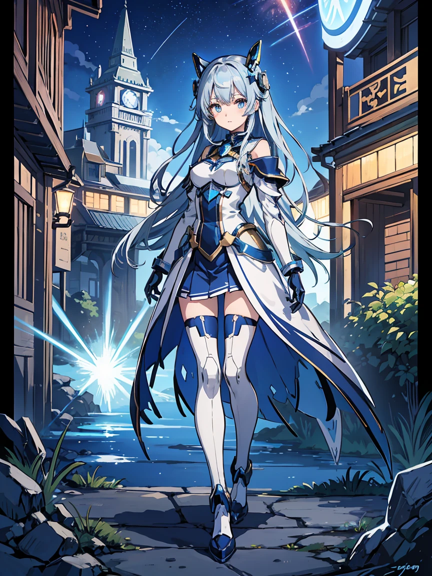 Anime, 2 Characters, 1 Anime Girl, Silver Blue Hair, blue glowing star-shaped eyes, 1 Puppet, metallic, tall, Robot, Fantasy, Lights, outdated, old style, bronze silver and blue, Nature, Biomes with mountains