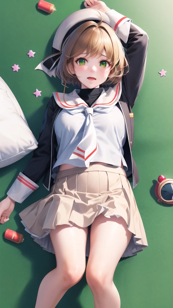(masterpiece, best quality: 1.2),(very detailed face, real image, realistic skin, realistic body, intricate details),1 woman, Kinomoto Sakura, brown hair, alone, skirt, green eyes, Short hair, have, white skirt, white hat, Magic Girl, Antenna hair, laugh, serafuku, pleated skirt, dehisce, looking at viewer, cowboy shot, long sleeves, star (symbol), muffler, lie down in bed with both arms extended above the head and placed behind the pillow, anime girl lying down, expose plump breasts, whole body, plump thighs, Natural Pose, beautifully, cute, Fix errors without any awkwardness, tall, I have long legs, Wearing (tomoeda_초등school_school_Uniform),black top, tennis mini skirt,cry in shame, wearing white ankle socks, random sexy poses, Woman in her 30s