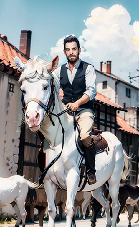 a man riding a white horse 