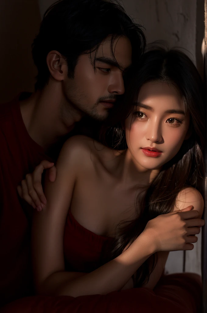 a romantic intimate encounter between a man and woman in an attic under the moonlight, extremely detailed eyes, lips, and faces, realistic, high quality, เปลือยเปล่าท่อนบน, portrait style, soft warm lighting, mystical atmosphere with shadows and dust, nostalgic antique furniture, comfortable sofa, whispers of love, gentle touch and embrace, topless, stars in the night sky, chiaroscuro, ท่อนบนไม่สวม, ท่อนบนเปลือย, cinematic, dramatic lighting, moody, atmospheric, intimate, sensual, romantic, passionate, tender, moonlight glow, natural skin tones, detailed fabric textures, elegant poses, intricate details, photorealistic, volumetric lighting, dramatic shadows, mystical, dreamlike