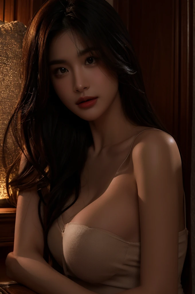 8 thousand, masterpiece, RAW photos, best quality, realistic, extremely detailed CG unity 8 thousand wallpaper, depth of field, cinematic light, lens flare, ray tracing, (an exceptionally beautiful face, beautiful lips, beautiful eyes), A face with intricate details, ((highly detailed skin)), best quality, masterpiece, ultra high resolution, (realistic photo:1.5), Original image, luxury long dress, 1 woman, Off shoulder, in the dark, deep shadow, low tune, cold light, sexy look, long gray hair,cafe,pretty,rim light,Swirling hair, medium shot, big bust.