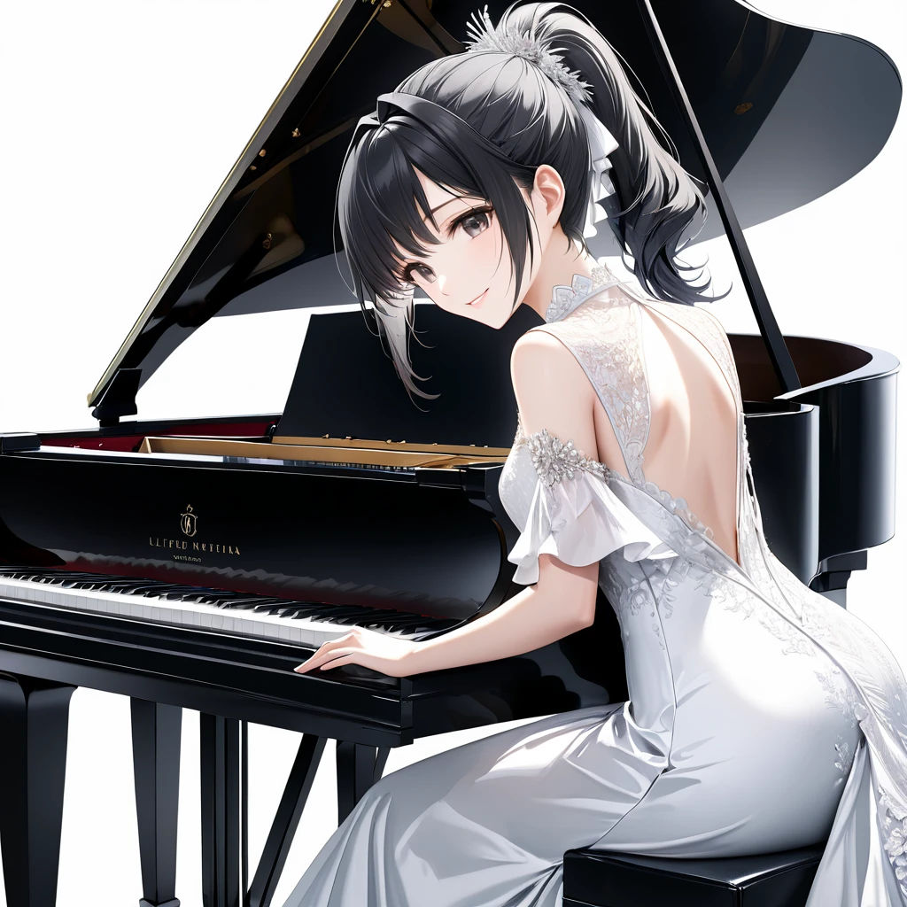(((White background:1.5)))、(very wide shot)、(masterpiece、Ultra HD、Highest quality、Masterpiece、4K:1.2)、Slender body、Elegant pianist playing the piano、 Intricate details, Highly detailed fingers、Black hair ponytail、White elegant dress, Intricate details、smile