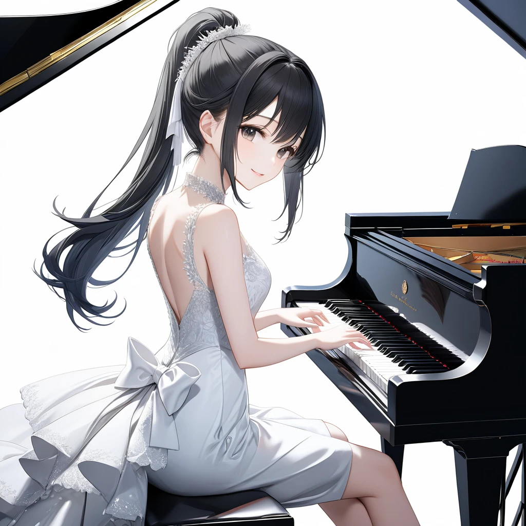 (((White background:1.5)))、(very wide shot)、(masterpiece、Ultra HD、Highest quality、Masterpiece、4K:1.2)、Slender body、Elegant pianist playing the piano、 Intricate details, Highly detailed fingers、Black hair ponytail、White elegant dress, Intricate details、smile