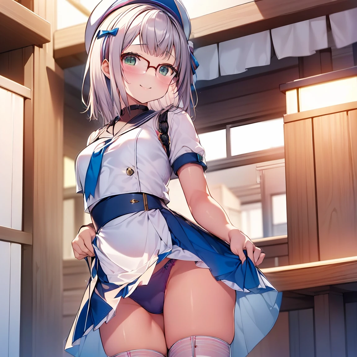 8K、masterpiece、Japanese、Woman wearing glasses、Neon(nod)、from the front、smile、Childish、Small breasts、See-through underwear、night、Bedroom、Show your underwear、mini skirt