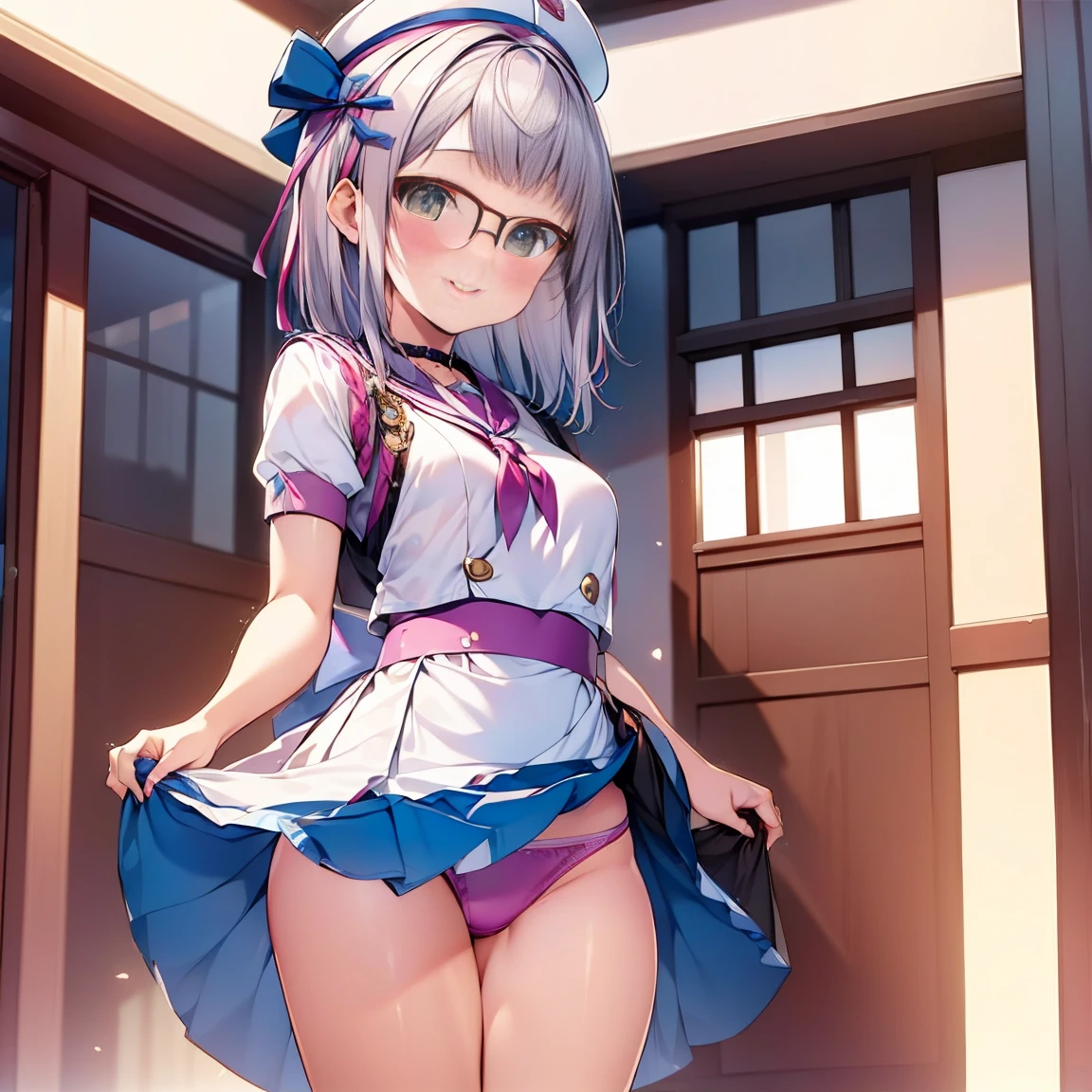 8K、masterpiece、Japanese、Woman wearing glasses、Neon(nod)、from the front、smile、Childish、Small breasts、See-through underwear、night、Bedroom、Show your underwear、mini skirt