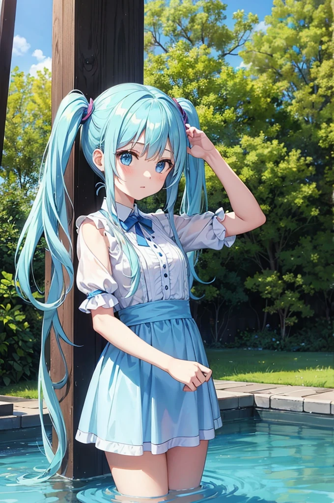 draw water from a well、Light blue long hair、Beautiful girl with twin tails