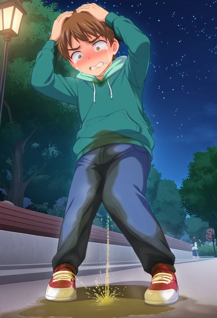 ((solo, 1boy,)), full body, standing, green hoodie, blue pants, red sneakers short hair, bangs, dark brown hair,, ((peeing self, wetting self, pee stains, puddle)), night time, park background, under street lights, starry sky, outdoors, ((seen from below, dynamic angle)), blushing, penis bulge, (looking down, blushing, clenching teeth, fear sweating, crying, shocked expression, hands on head, standing), anime screencap
