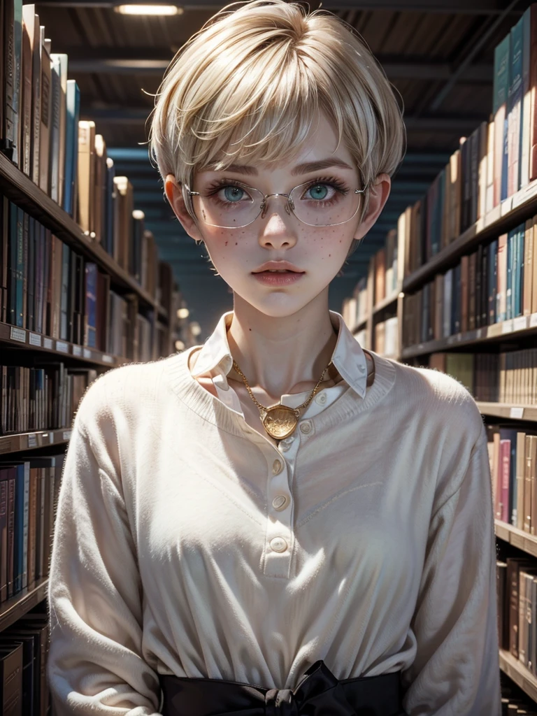 1girl, elegant bearing, small, slender build, short height, narrow shoulders, pale skin dotted by freckles, short platinum blonde hair, (((pixie cut hairstyle))), (((boyish hair))), (dark green eyes), silver glasses, cute facial features with an underlying elegance, thin lips, small breasts, youthful teen girl, RAW photo, ((slim body: 1)), (HQ skin: 1.4), 8k uhd, soft light, high quality, ((school uniform, white clothes, gold accents, (looking at viewer:1.4), library
