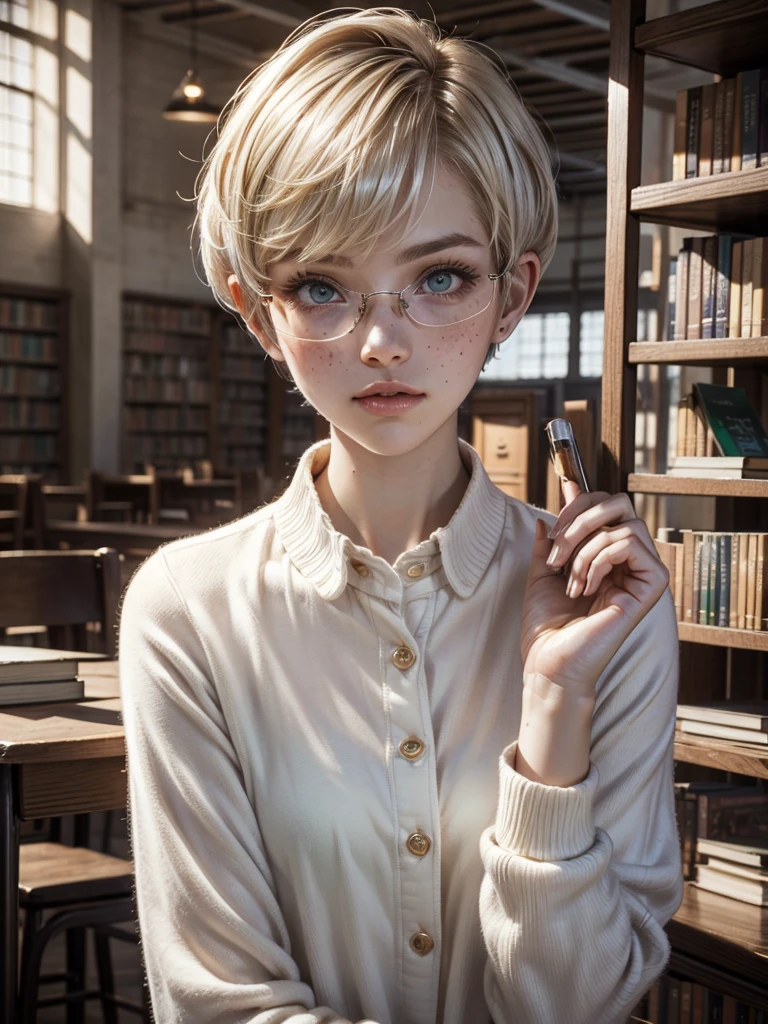 1girl, elegant bearing, small, slender build, short height, narrow shoulders, pale skin dotted by freckles, short platinum blonde hair, (((pixie cut hairstyle))), (((boyish hair))), (dark green eyes), silver glasses, cute facial features with an underlying elegance, thin lips, small breasts, youthful teen girl, RAW photo, ((slim body: 1)), (HQ skin: 1.4), 8k uhd, soft light, high quality, ((school uniform, white clothes, gold accents, (looking at viewer:1.4), library
