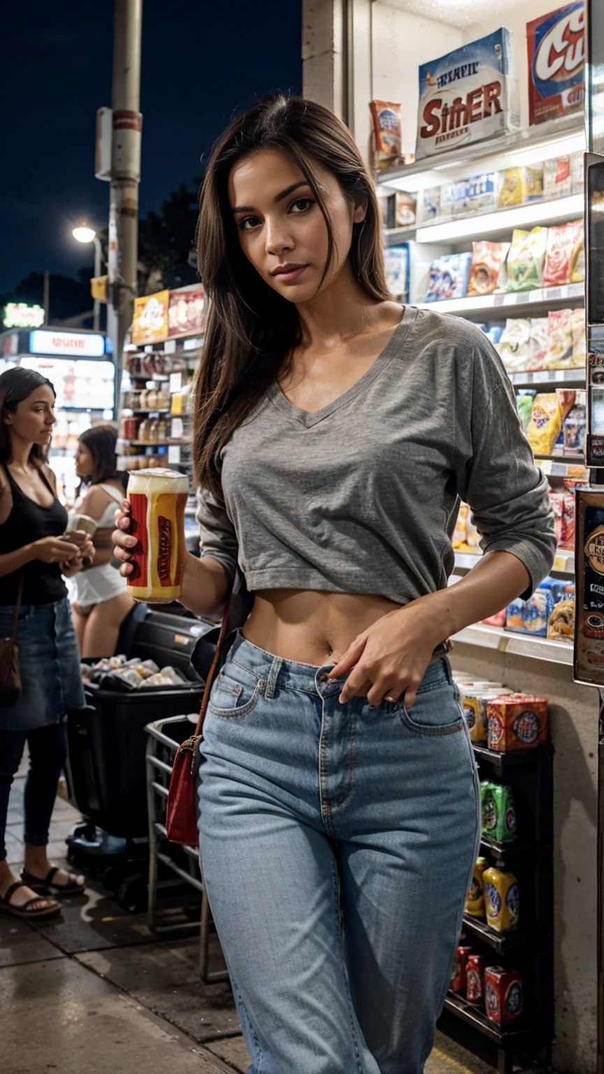 mature Beauty in casual wears at midnight convenience store, standing with beer can:1.3