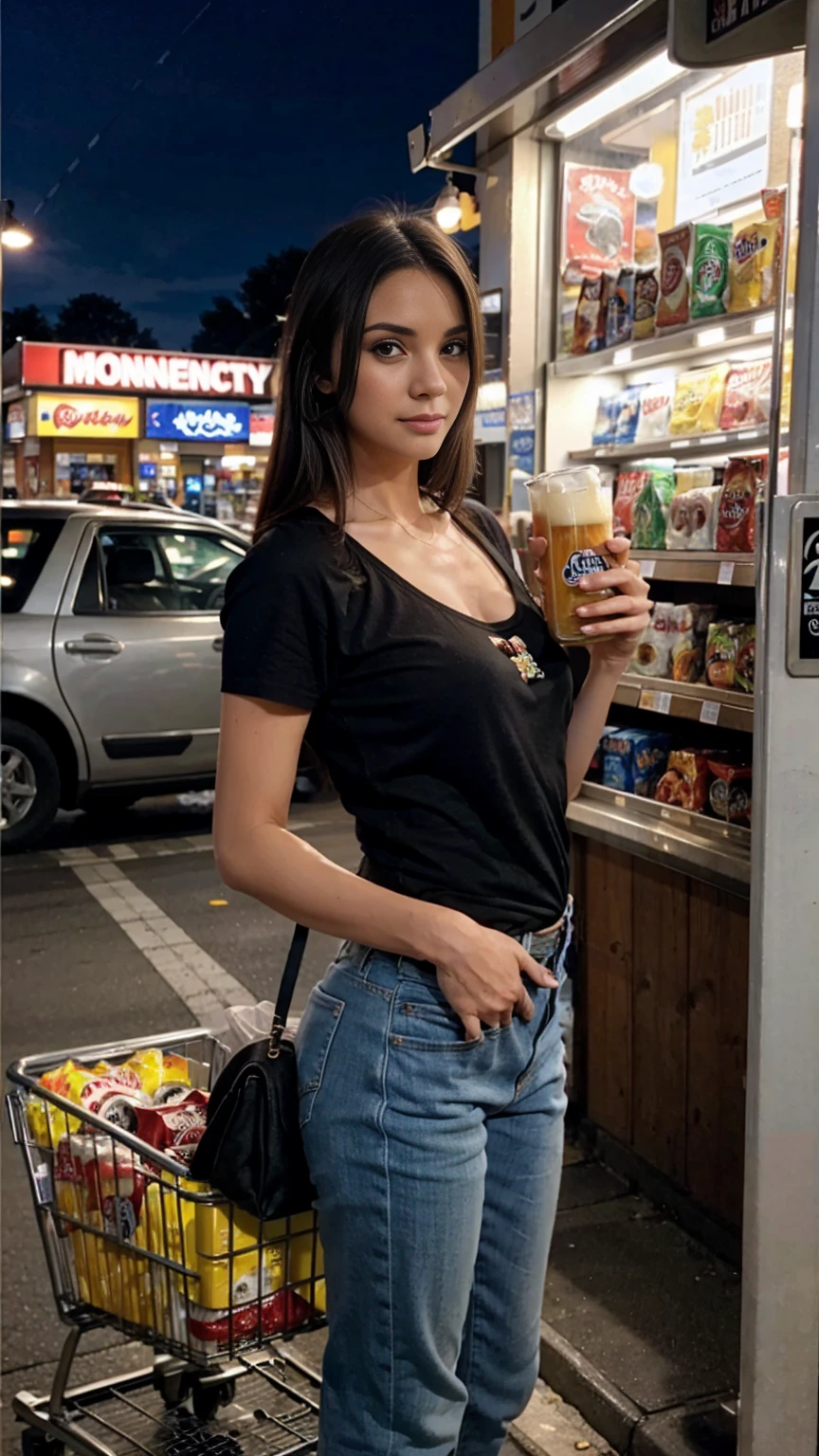 mature Beauty in casual wears at midnight convenience store, standing with beer can:1.3