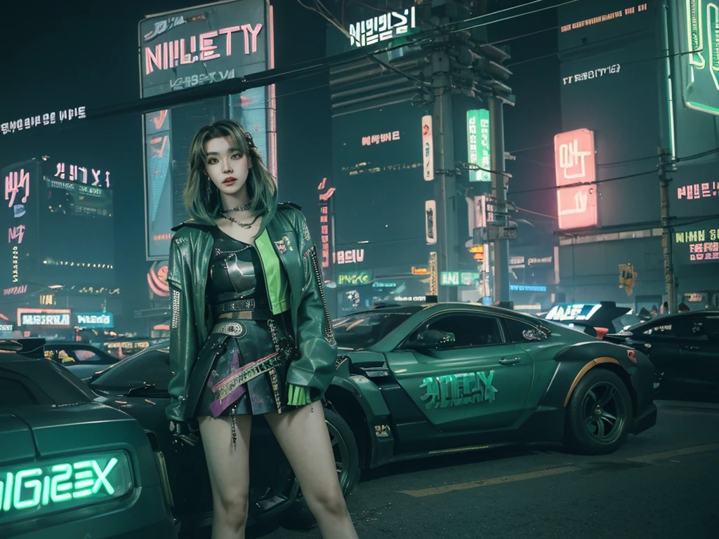 (((cyberpunk world))), (masterpiece, of the highest quality, Best Quality, Official art, Beautiful and aesthetic:1.2), ((fashion photography:1.5)), (1 girl:1.4), Full body, 21 years old, (Korean Fashion Model:1.5), super short cut hair, (green hair:1.4), (highly detailed:1.3), (Colorful:1.5), (mechanical modification:1.3), maiden, (neon background:1.4), (neon city:1.75), night, large breasts, (high school uniform:1.5), high-heels, makeup, fashion pose, (cyberpunk:1.4), (looking at viewer:1.3), colossal tits,