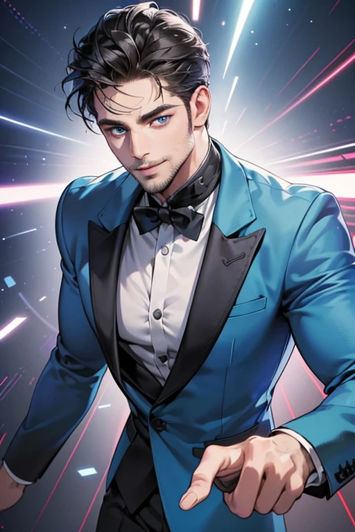 a handsome 35 year old man, 3 day beard, dark hair, sharp jawline, mesmerizing blue eyes, perfectly styled hair, wearing cool anime outfit, confident expression, vibrant colors, dynamic lighting, CEO, expression, smile in love, (best quality,4k,8k,highres,masterpiece:1.2),ultra-detailed,(realistic,photorealistic,photo-realistic:1.37)