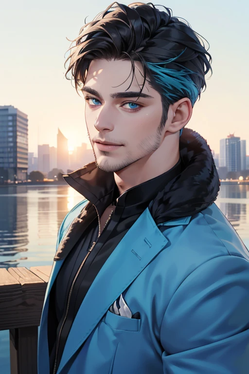 a handsome 35 year old man, 3 day beard, dark hair, sharp jawline, mesmerizing blue eyes, perfectly styled hair, wearing cool anime outfit, confident expression, vibrant colors, dynamic lighting, CEO, expression, smile in love, (best quality,4k,8k,highres,masterpiece:1.2),ultra-detailed,(realistic,photorealistic,photo-realistic:1.37)