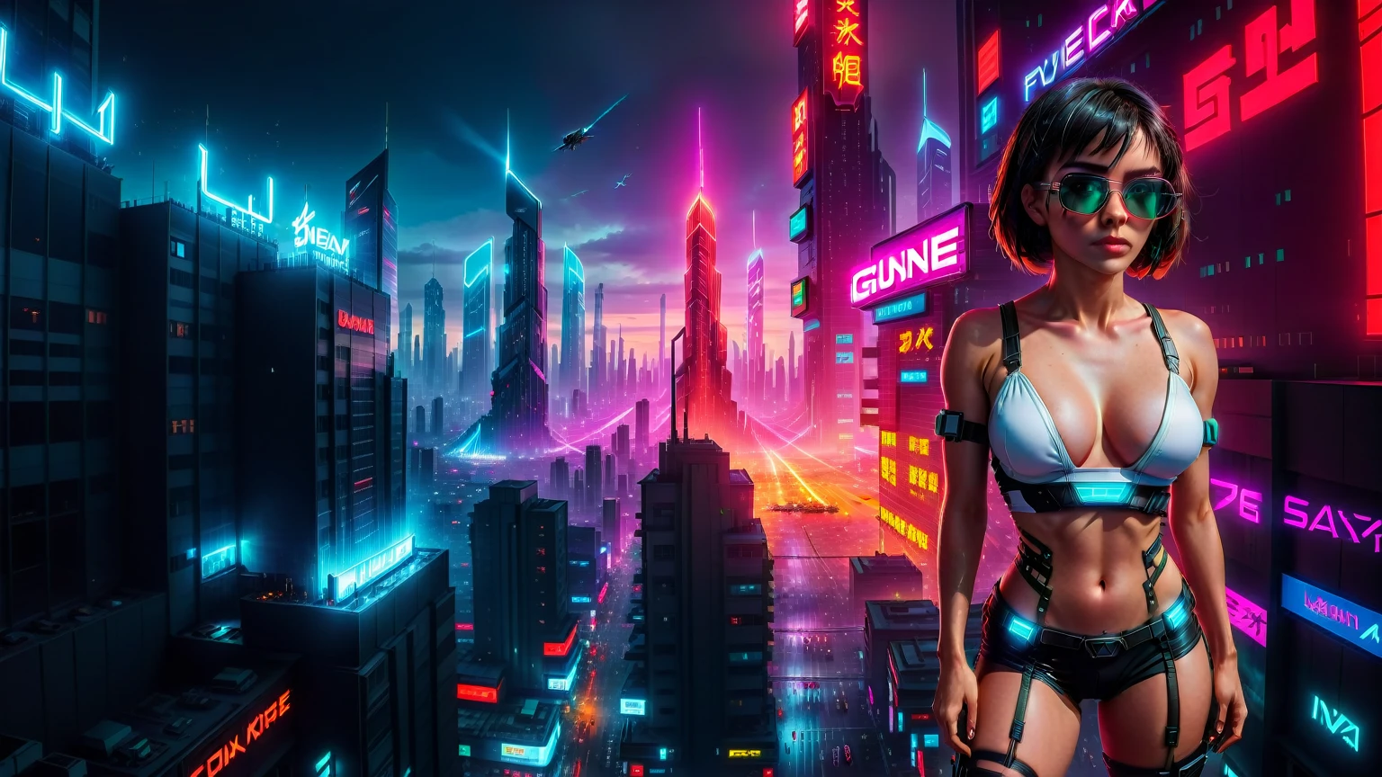 at night, (((aerial view))) image of a cyberpunk cityscape, (((all-glass))) towering skyscrapers, a lot of neon lights and holographic billboards, futuristic, high-tech elements, 1drone. In the foreground, (((1girl, solo, alone))), photo realistic, (medium-breast slim body, cleavage, short hair), (((tank top, extreamly short pleated (((miniskirt))) exposing panty))), (((((black sunglasses))))), (((((aiming at camera with a (short gun), (looking at camera)))))), (((dynamic pose))), (((((half-body (thigh level) medium shot))))), (cinematic lighting).