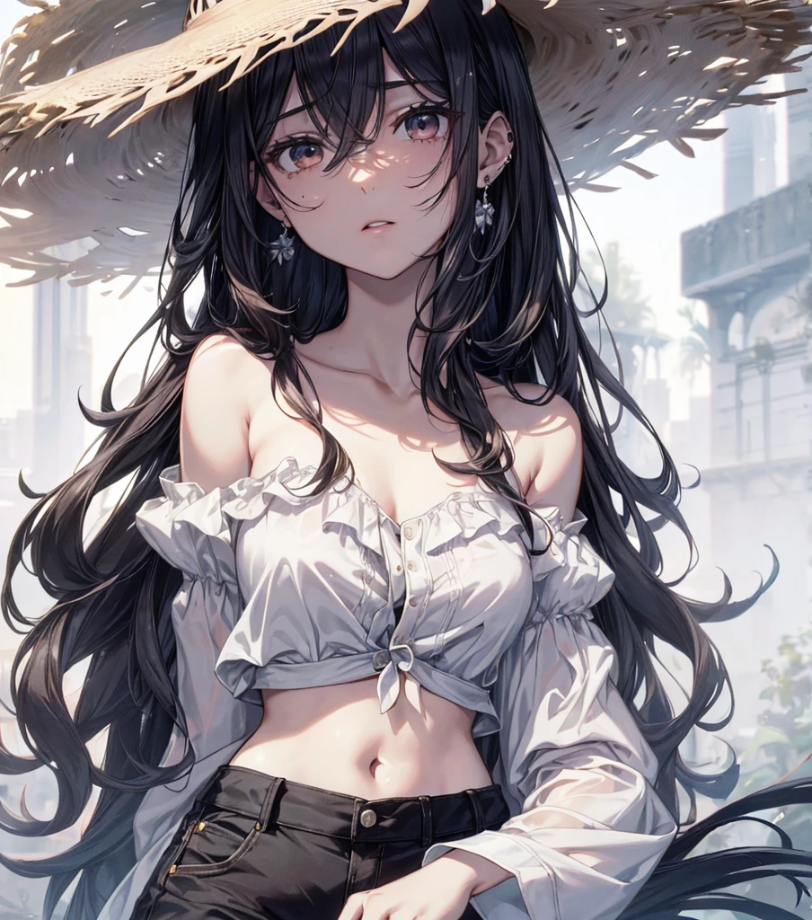 ((((absurdres, RAW photo, extremely delicate and beautiful, masterpiece, Best Quality, ultra high resolution, 32k, hyperrealistic, ultra-detailed)))), in her 20s, very Slim body, narrow waist, very small head, very small face, delicate facial features, beautiful face, beautiful eyes, ((very huge round tits)), medium hair, black hair, wavy hair, tearful mole, earring, full body shot, casual, blouse, white shirt, buttoned shirt, bare shoulders, collarbone, midriff, navel, shorts, straw hat,