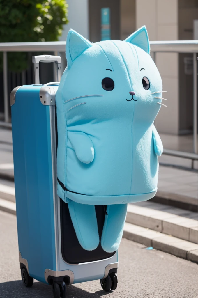 Create a cyan cat going to work with a suitcase
